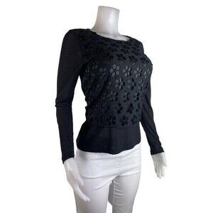 F. Whyci Milano Wool Top Size M Silk Black Blouse Crew Neck Long Sleeves